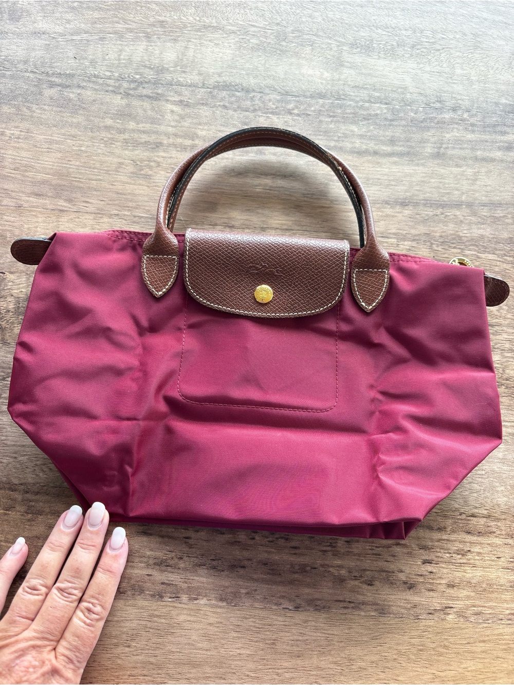 Longchamp Le Pliage Burgundy Tote with Brown Leather Trim